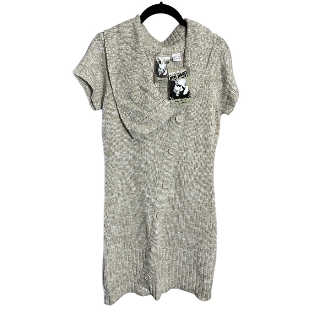 Red Paint Button Up Knit Dress Sweater Dress Short Sleeve Beige